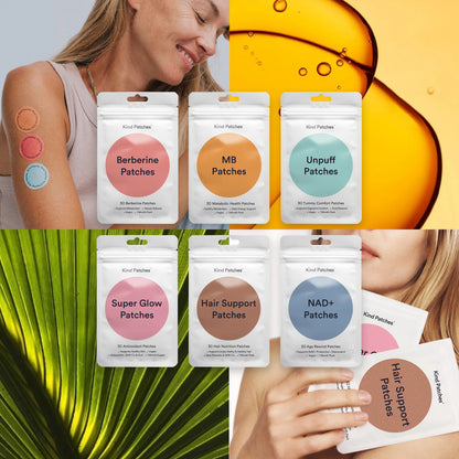 Kind Patches Beauty Burn Bundle: 30 MB + 30 Berberine + 30 Unpuff + 30 Super Glow + 30 Hair Support + 30 NAD+ Pacthes, Metabolic Balance & Digestive Health, Beauty Vitality & NAD+ Production Support, Natural Ingredients